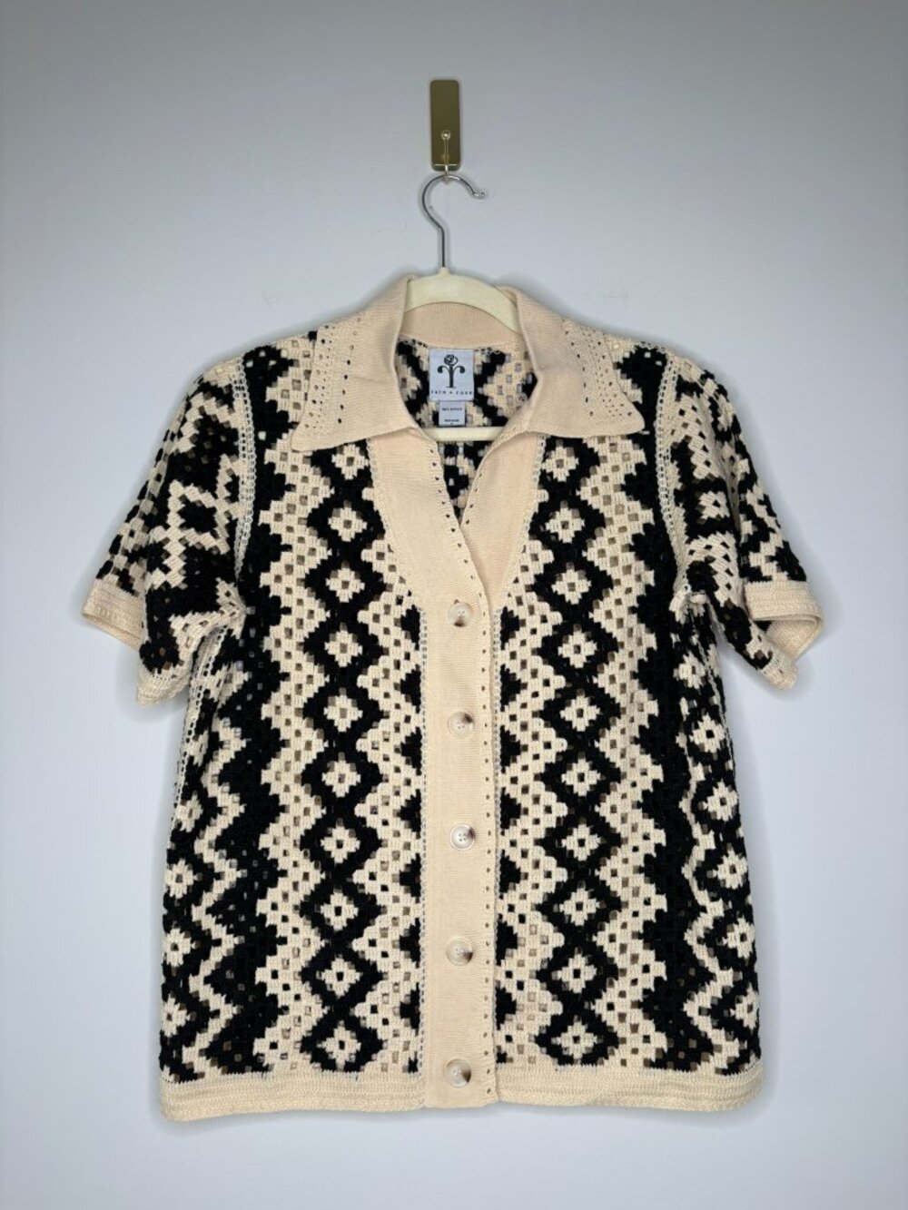 Rain + Rose Crochet Button Up Top – Black & Cream – Size Small – Textured Knit - Picture 4 of 12